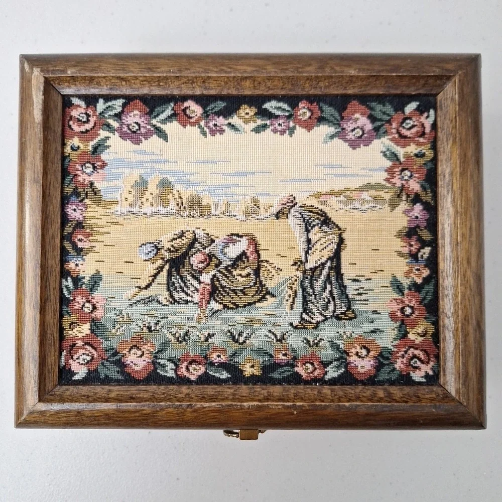 Vintage Tapestry Jewelry Box Art Floral Women Working Field Country Farmhouse